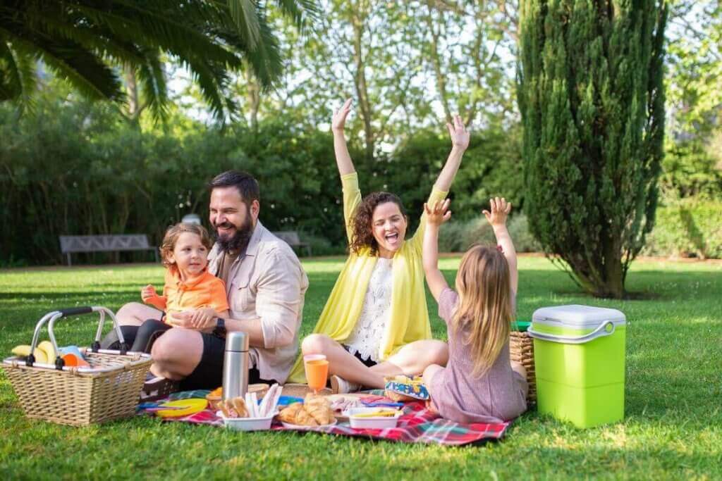 A family of four enjoys a picnic on a grassy lawn, embodying the harmony that Family Lawyers Toronto strives to protect. A man and woman sit with two children, surrounded by a basket, snacks, and a cooler. With arms joyfully raised, they relish the day amid tall trees and vibrant greenery.