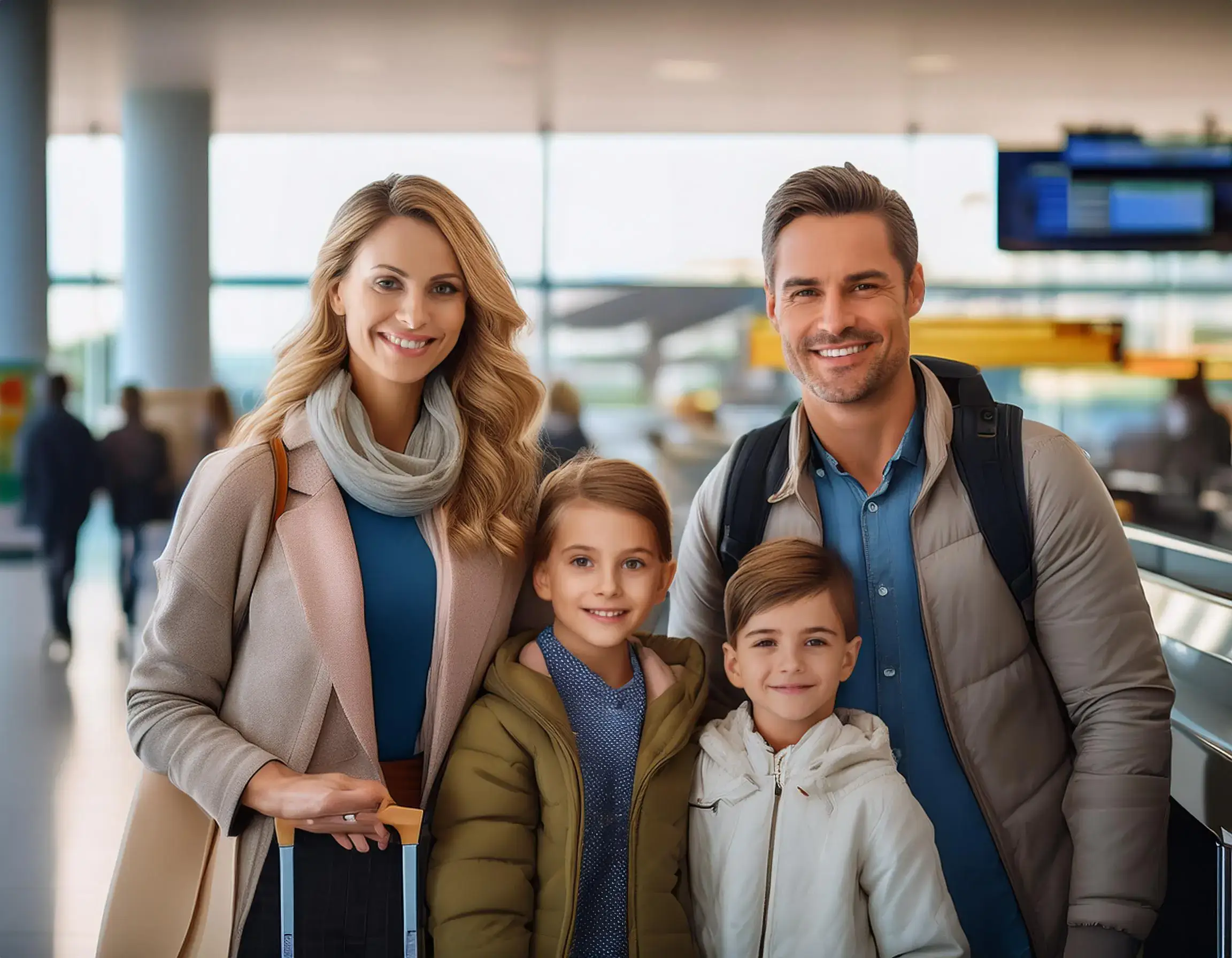 A smiling family of four, Ukrainian citizens, stands together in an airport terminal. The parents are behind their warmly dressed children. The bright setting, with luggage in the background, suggests they are all set to navigate the visa requirements for their upcoming journey.