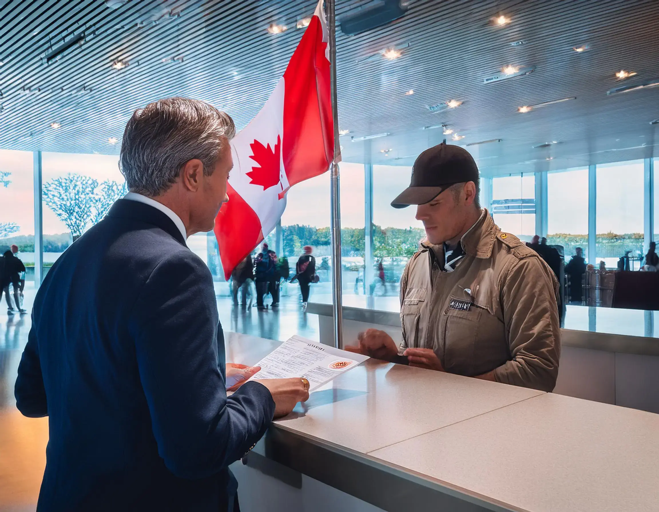 A man in a suit is discussing visa requirements with an immigration officer at a counter, holding a document. The officer, in uniform and cap, listens intently. A Canadian flag hangs above them as Ukrainian citizens and others move through large windows in the background.