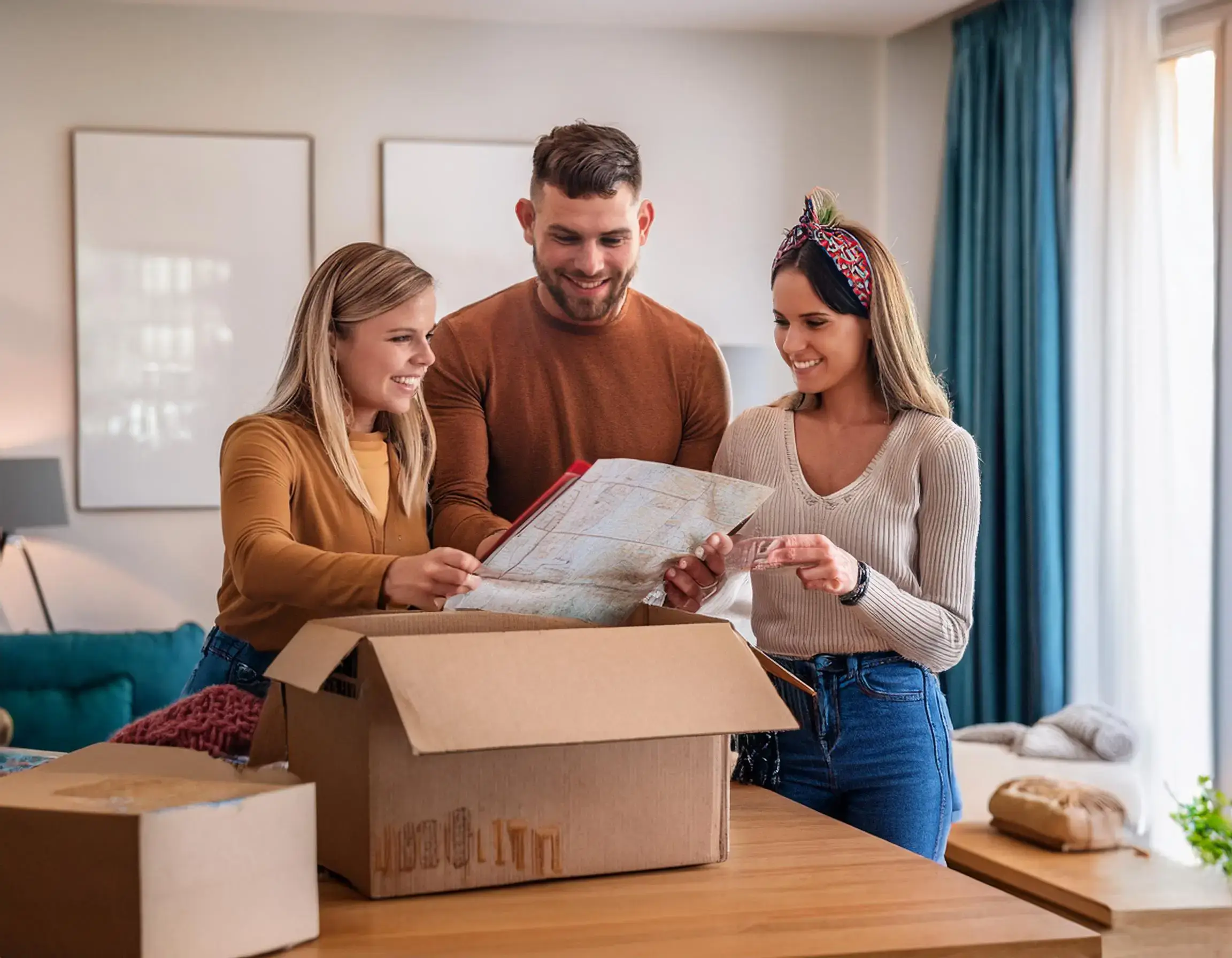 Three people stand in a modern living room, unpacking boxes with broad smiles. Theyre eagerly looking at a map, perhaps planning their journey after Canada immigration approval. The room features two wall frames, a lamp, and blue curtains, all bathed in natural light streaming through the window.