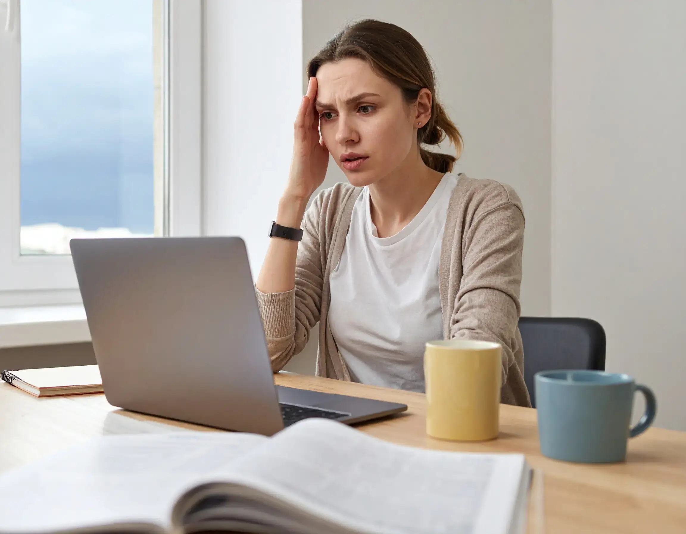 A woman sits at a desk with an open laptop, looking stressed and holding her forehead—visa stress weighing on her as she navigates the path to her dream career. Two mugs and an open book sit on the table in front of her.