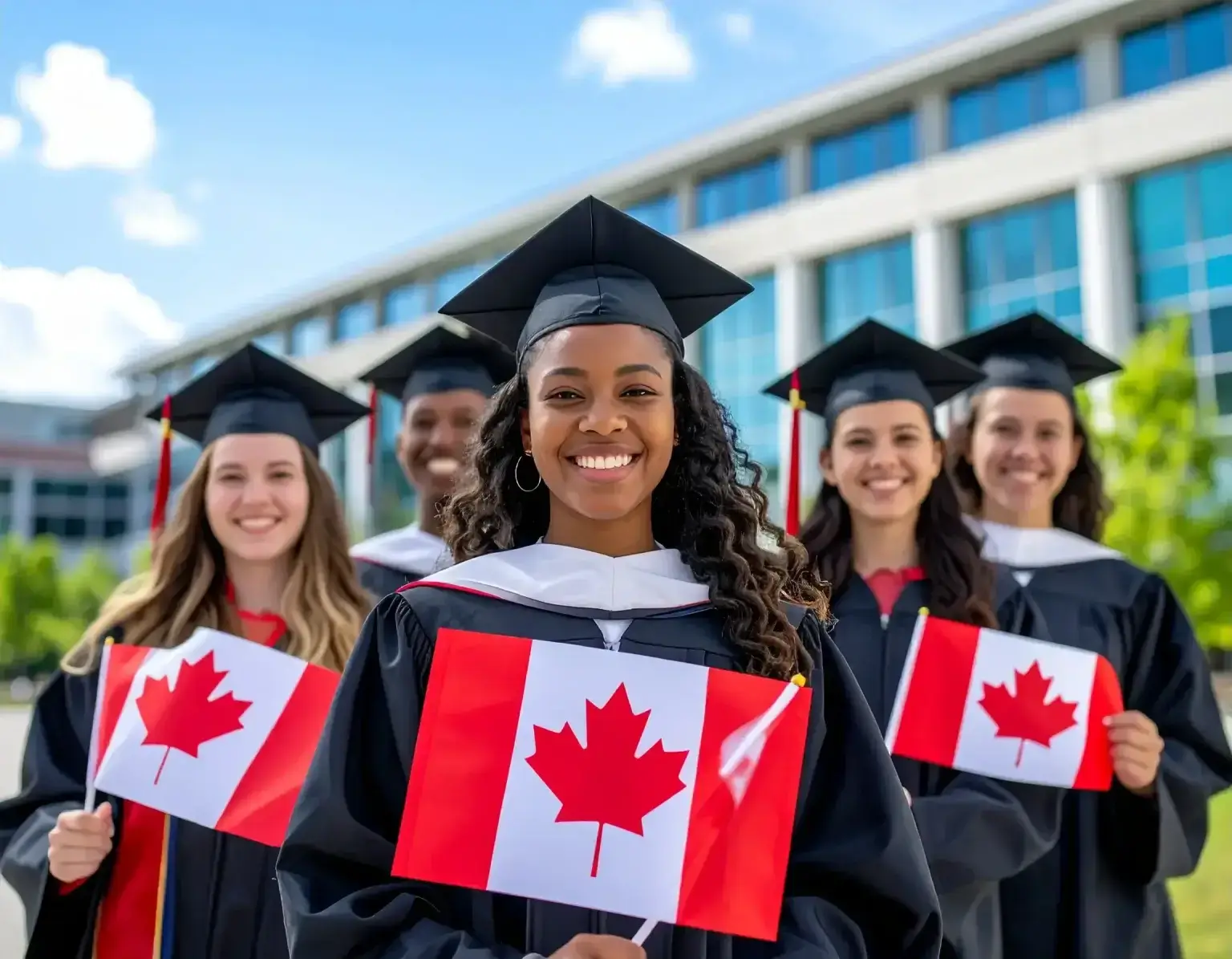A group of smiling graduates in caps and gowns hold Canadian flags while celebrating outdoors, relieved from visa stress and eager to start their dream career with a Post Graduate Work Permit Canada on a sunny day.
