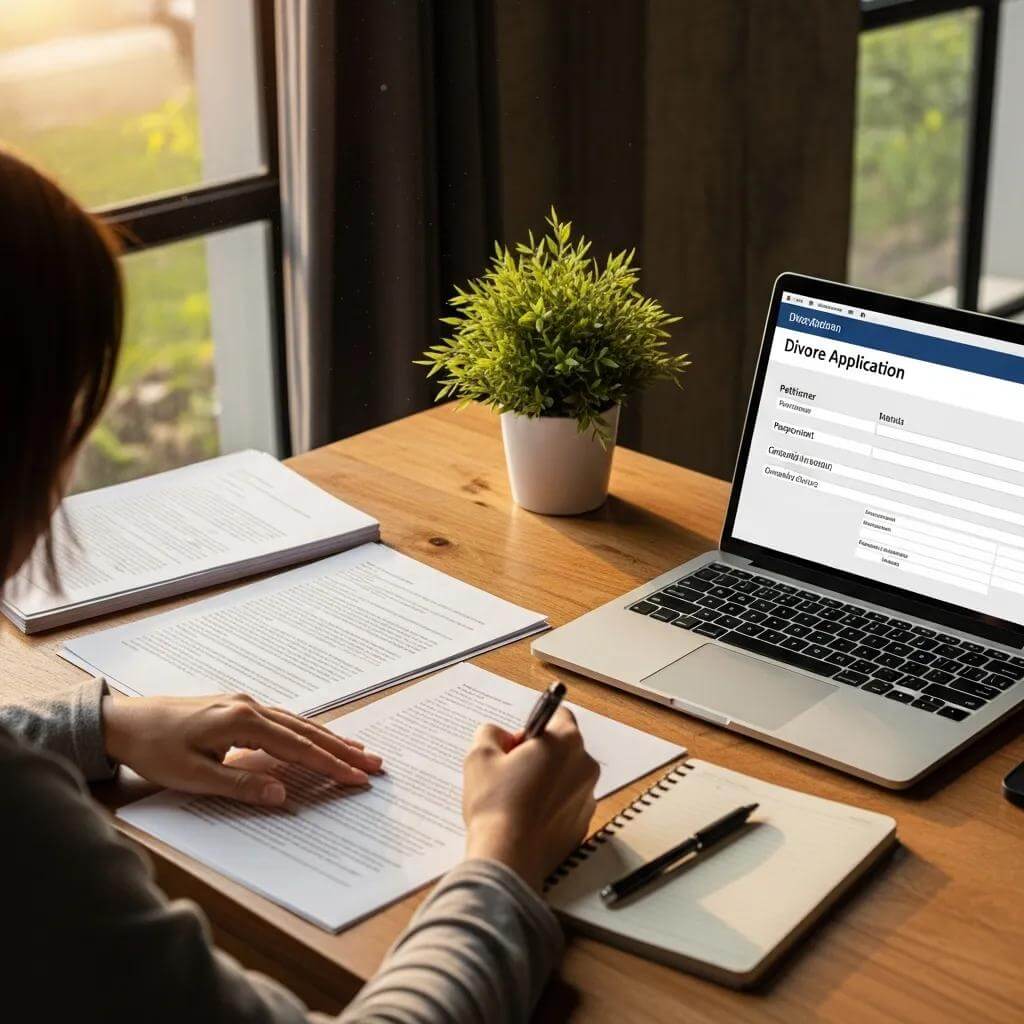 Divorce Process in Ontario Canada 1 person preparing divorce application with organized documents and laptop on a desk 2a8854f5 3f7c 4430 b114 fb43f940d866 Divorce Process in Ontario Canada