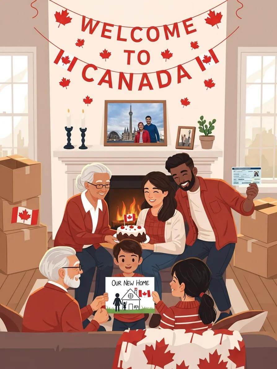How to Become a Canadian PR: Complete Guide to Canadian Permanent Residency Requirements and Application Process 2 Family celebrating their successful immigration journey, highlighting the importance of family sponsorship for Canadian PR