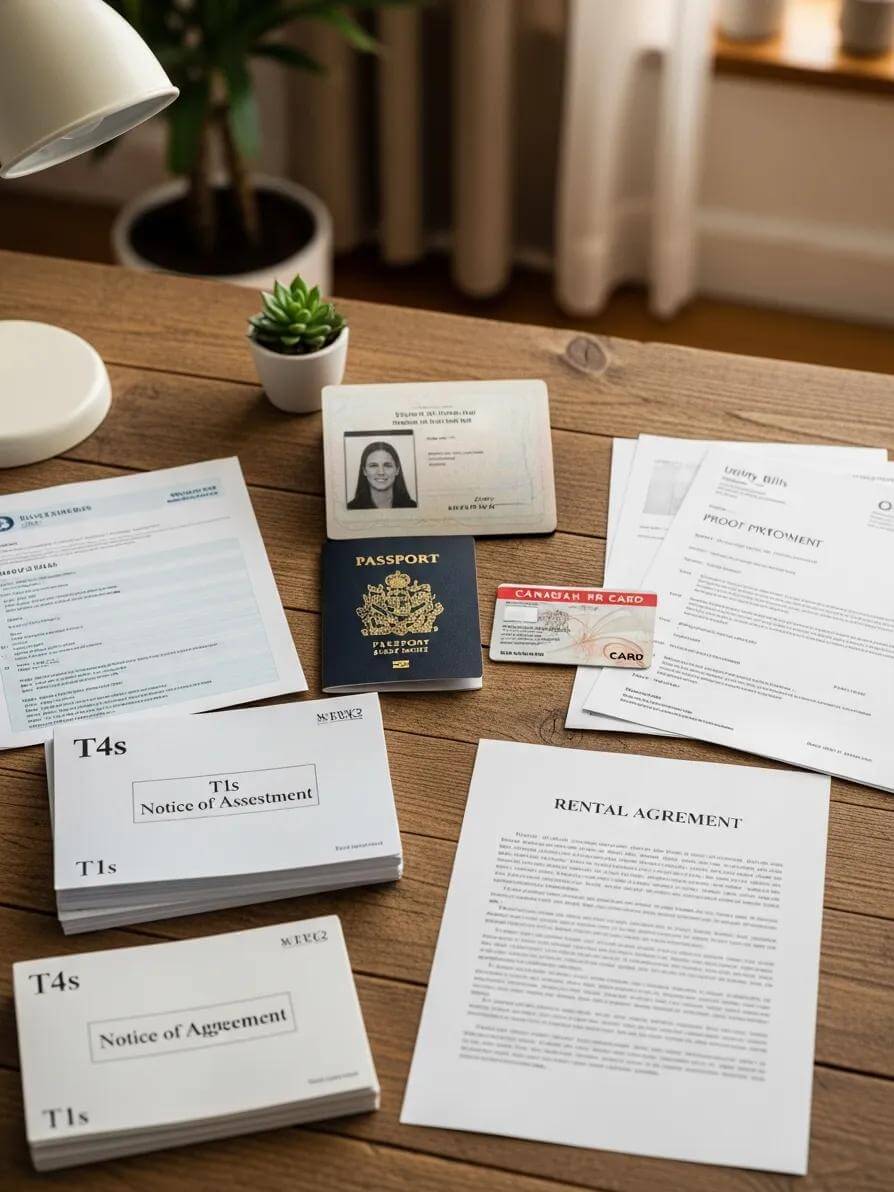 Canadian Permanent Resident Card Renewal Process: How to Renew Your PR Card Successfully 1 Flat lay of essential documents for Canadian PR card renewal, including a passport and tax returns