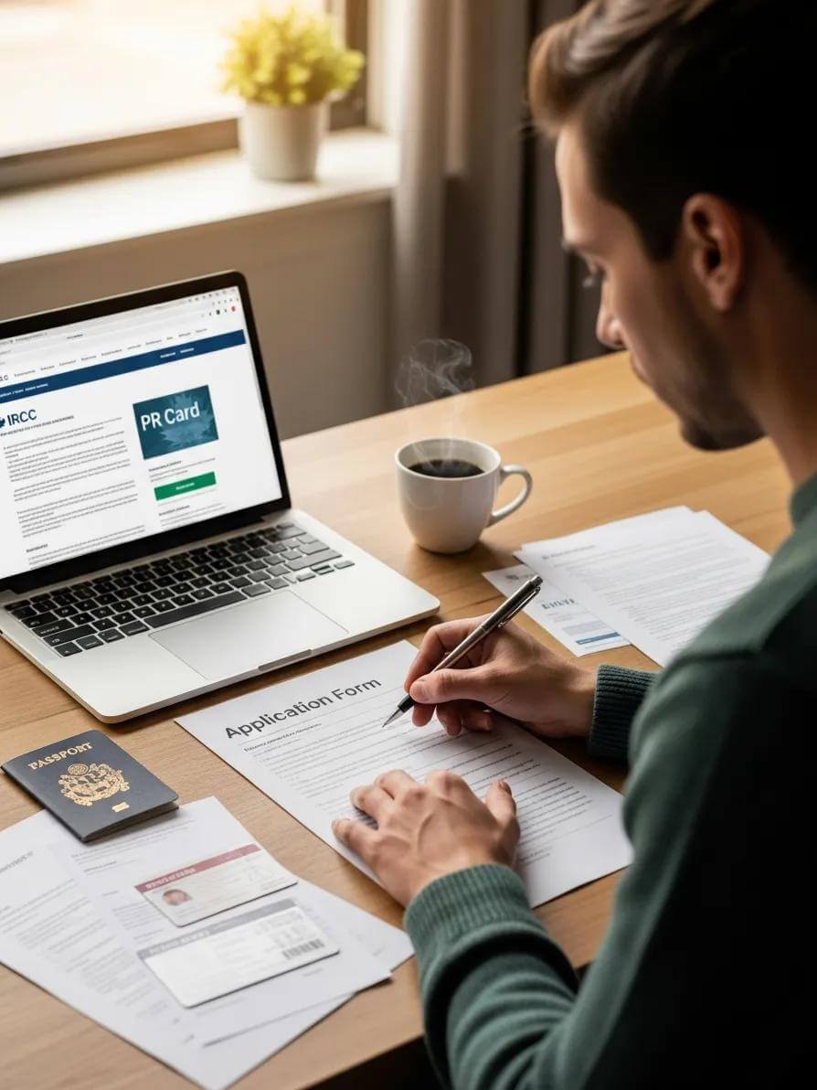 Canadian Permanent Resident Card Renewal Process: How to Renew Your PR Card Successfully 2 Person completing the PR card renewal application form at a desk with necessary documents