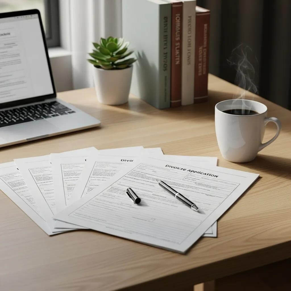 How Long Does an Uncontested Divorce Take in Ontario? Complete Process and Timeline Guide 1 Workspace with divorce application forms and coffee, symbolizing preparation