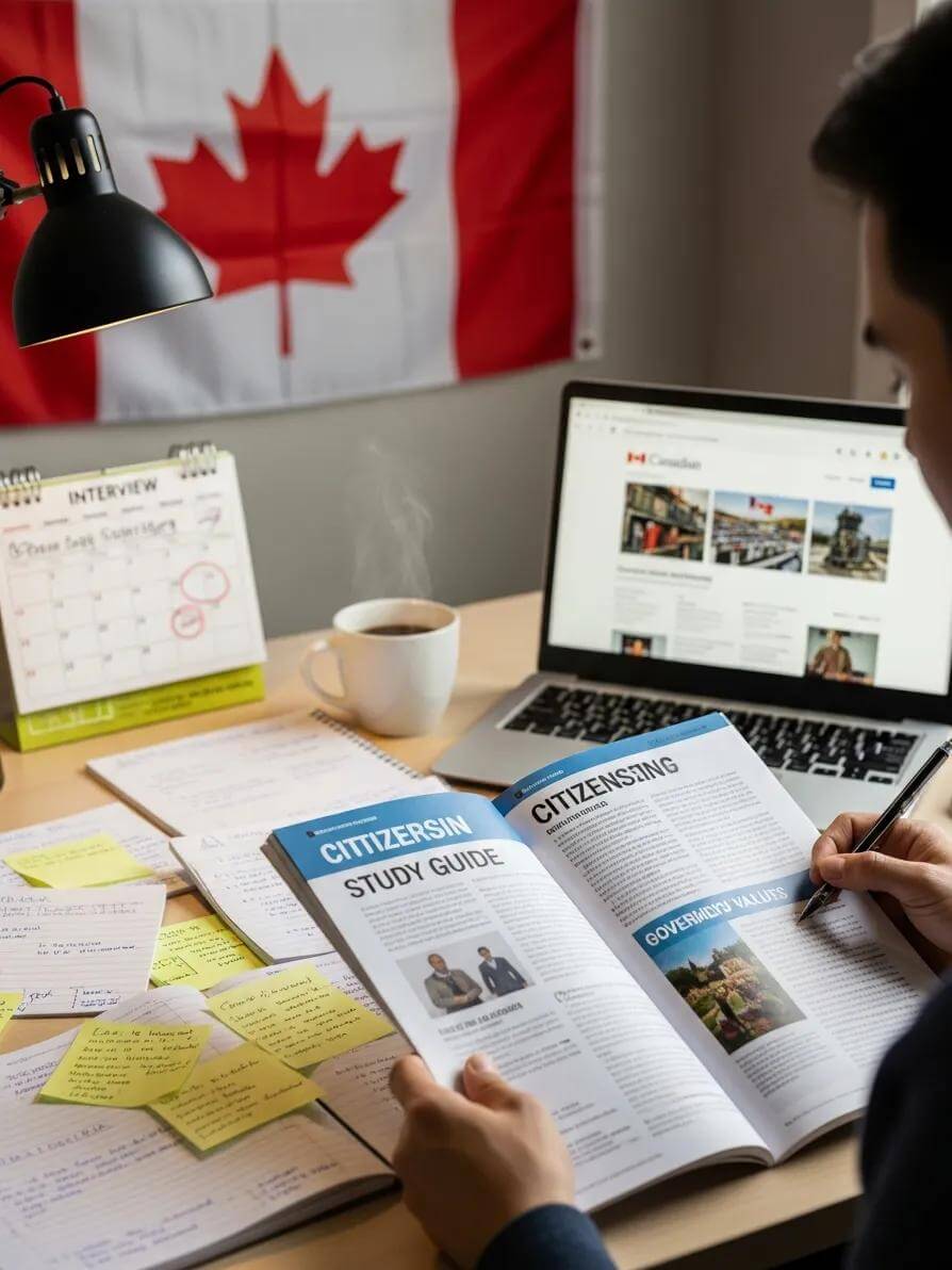 Canadian Citizenship Interview Questions: Complete Preparation Guide for Applicants 1 Person studying for Canadian citizenship interview with study materials and Canadian flag