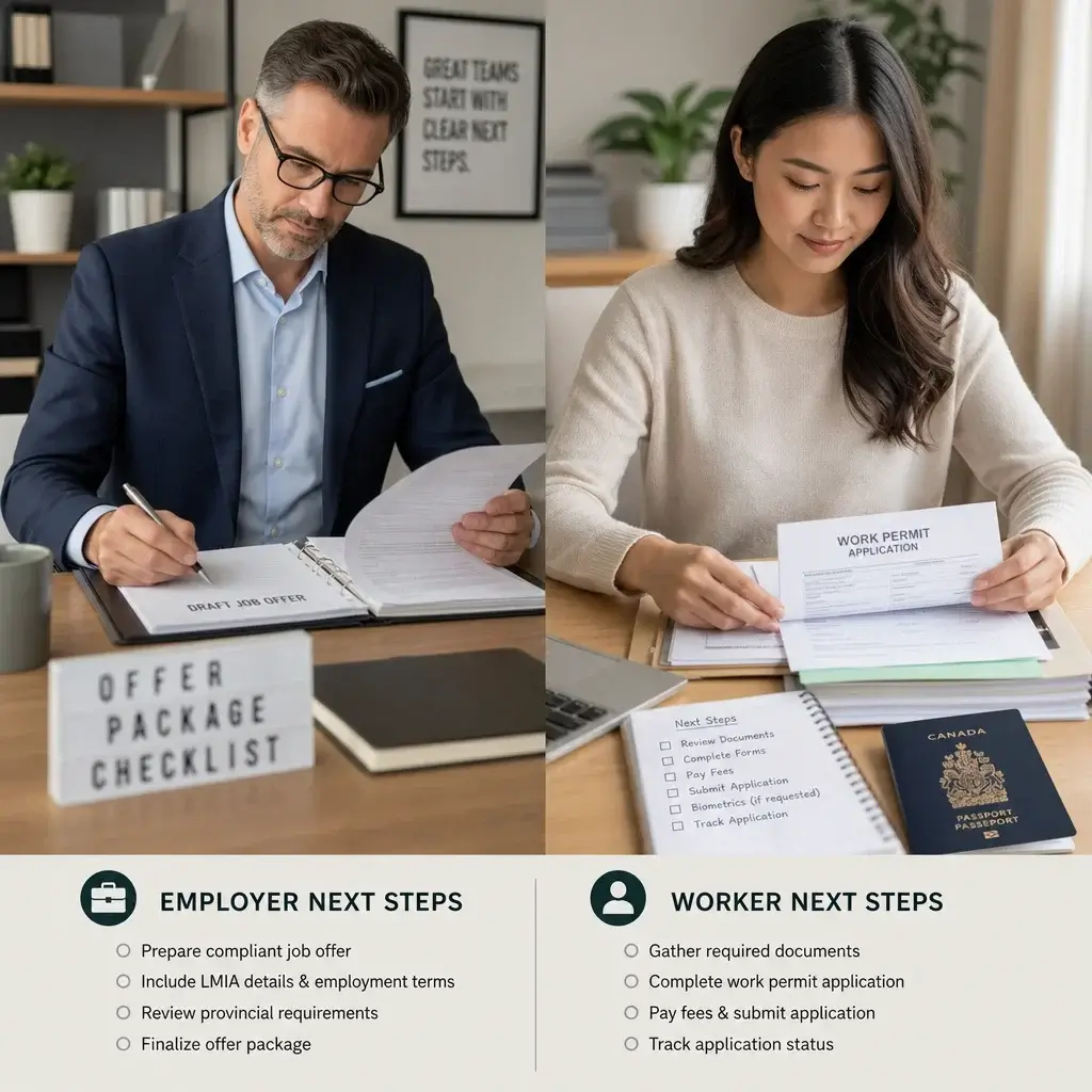 LMIA Work Permit to PR in Canada: Pathways, Timing & Next Steps 5 Employer and worker preparing the next steps after a positive LMIA.