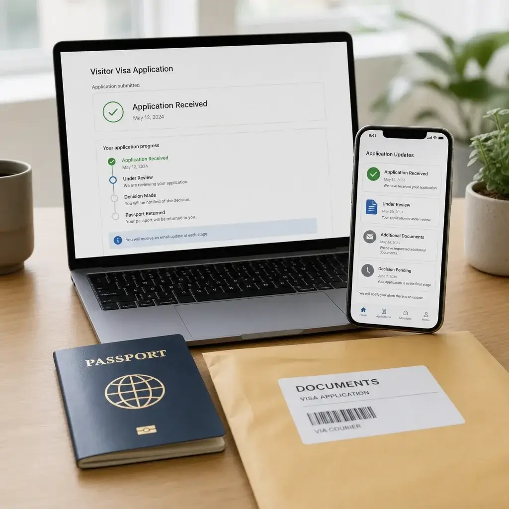 Documents Required for Canadian Visitor Visa: IMM 5484 Checklist Guide 8 A desk setup showing application status updates after submission.