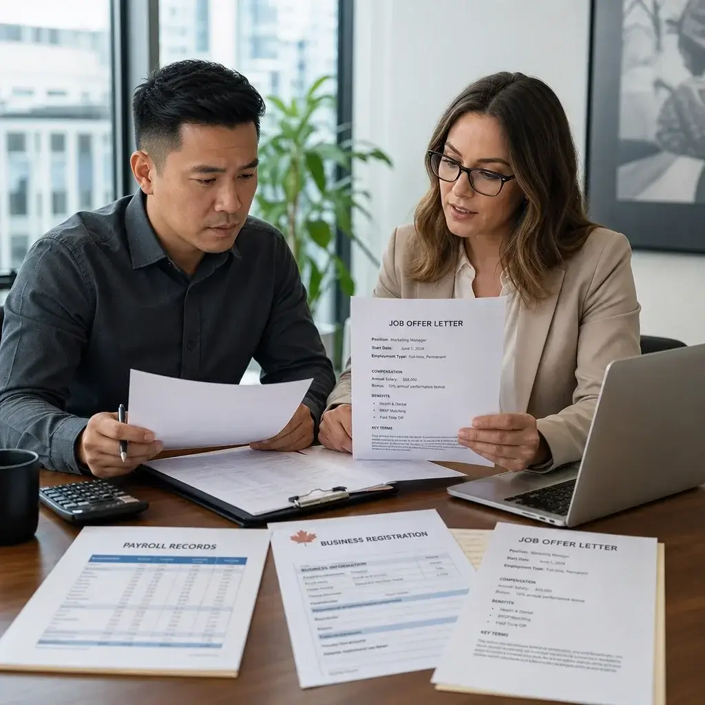LMIA Work Permit to PR in Canada: Pathways, Timing & Next Steps 4 Employer reviewing business records and a job offer for an LMIA application.