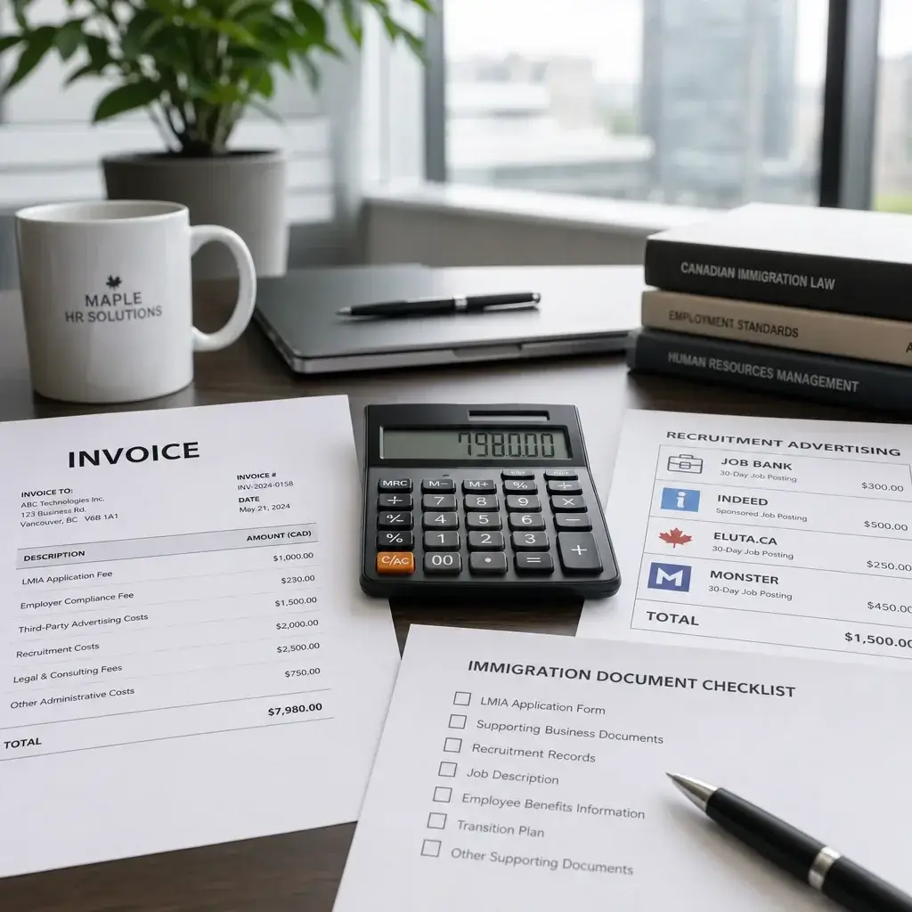LMIA Work Permit to PR in Canada: Pathways, Timing & Next Steps 7 An office desk with invoice, calculator, and paperwork showing LMIA-related costs.