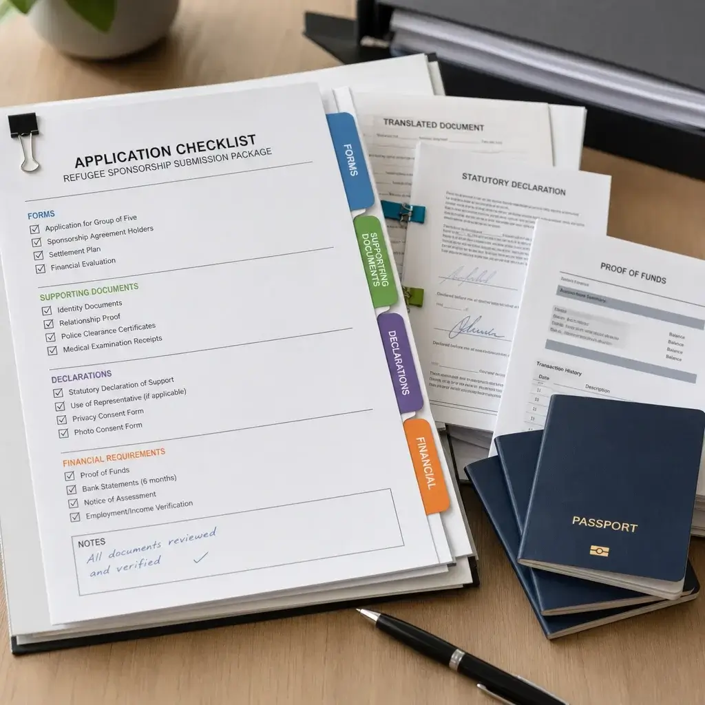 G5 Sponsorship Application Canada: Pause, Eligibility, Costs & Next Steps 2 An organized refugee sponsorship application checklist with forms, identity documents, translations, and supporting papers.