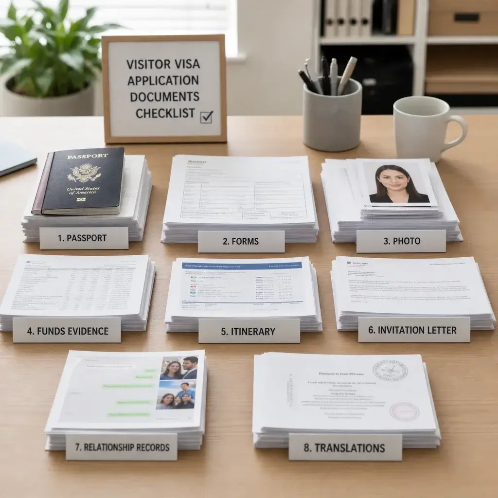 Documents Required for Canadian Visitor Visa: IMM 5484 Checklist Guide 3 An organized stack of documents representing a complete Canadian visitor visa checklist.