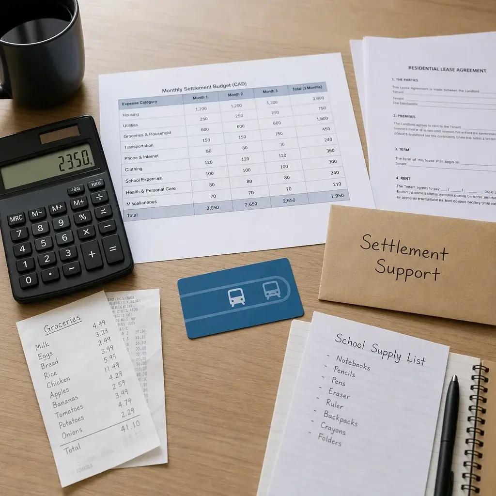 G5 Sponsorship Application Canada: Pause, Eligibility, Costs & Next Steps 3 A budgeting scene with calculator, receipts, housing papers, and school supply list for sponsor responsibilities.
