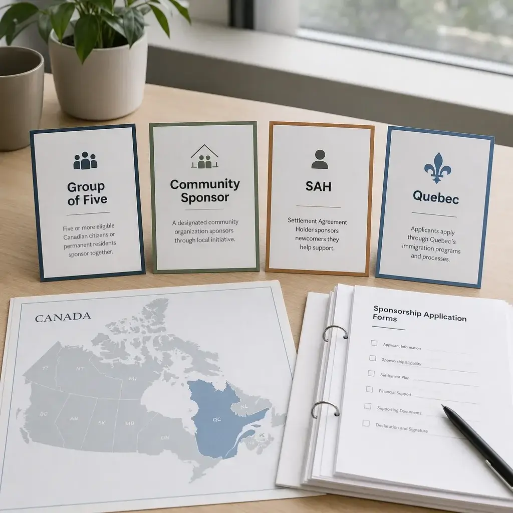 G5 Sponsorship Application Canada: Pause, Eligibility, Costs & Next Steps 1 A comparison of Group of Five, Community Sponsor, SAH, and Quebec sponsorship pathways shown as labeled cards.