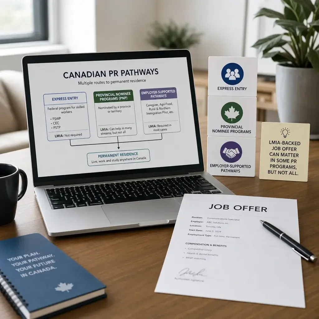 LMIA Work Permit to PR in Canada: Pathways, Timing & Next Steps 2 A workspace showing an LMIA-backed job offer alongside Express Entry and provincial nominee program pathways.