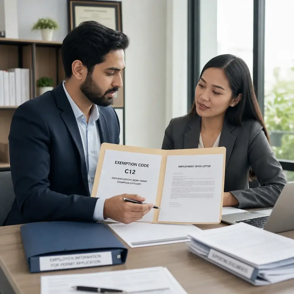 LMIA Closed Work Permit Canada: Requirements, Processing Time & Options 5 Two professionals reviewing documents for an LMIA-exempt employer-specific work permit.