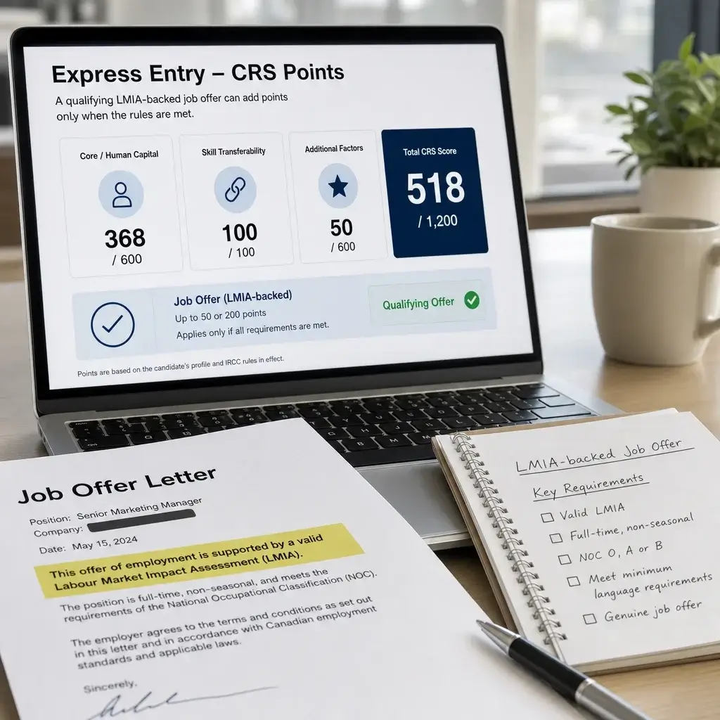 LMIA Work Permit to PR in Canada: Pathways, Timing & Next Steps 3 Express Entry points concept with a job offer letter and score tiles.