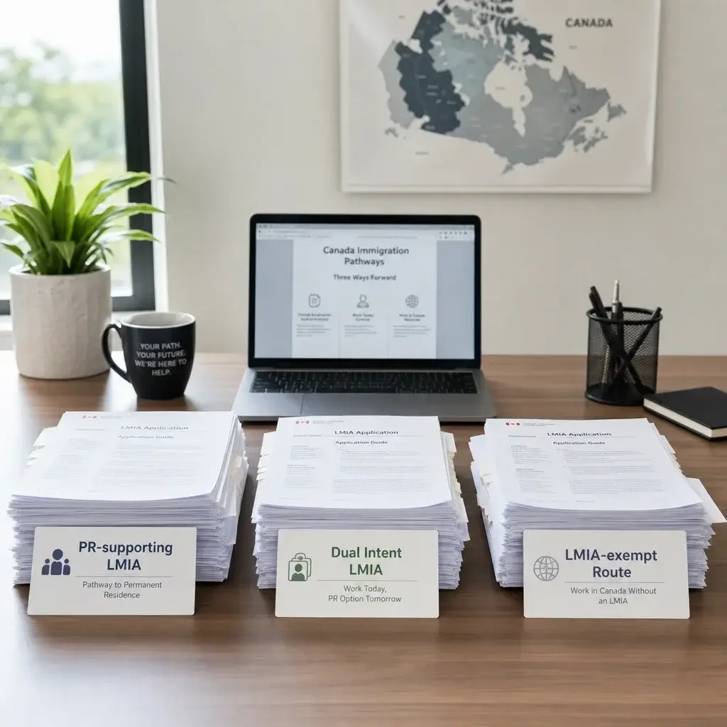 LMIA Work Permit to PR in Canada: Pathways, Timing & Next Steps 1 Three immigration document stacks showing PR-supporting LMIA, dual intent LMIA, and LMIA-exempt options.