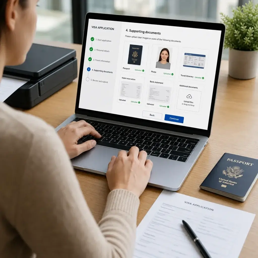 Documents Required for Canadian Visitor Visa: IMM 5484 Checklist Guide 6 A person completing an online visa application with supporting documents on a desk.