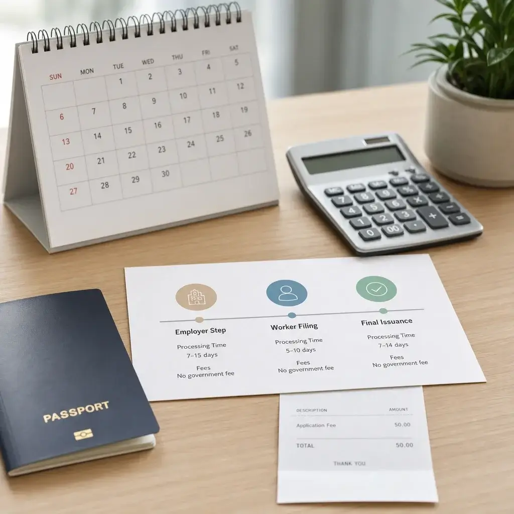 LMIA Closed Work Permit Canada: Requirements, Processing Time & Options 3 A calendar, calculator, and timeline illustrating processing time, fees, and permit duration.