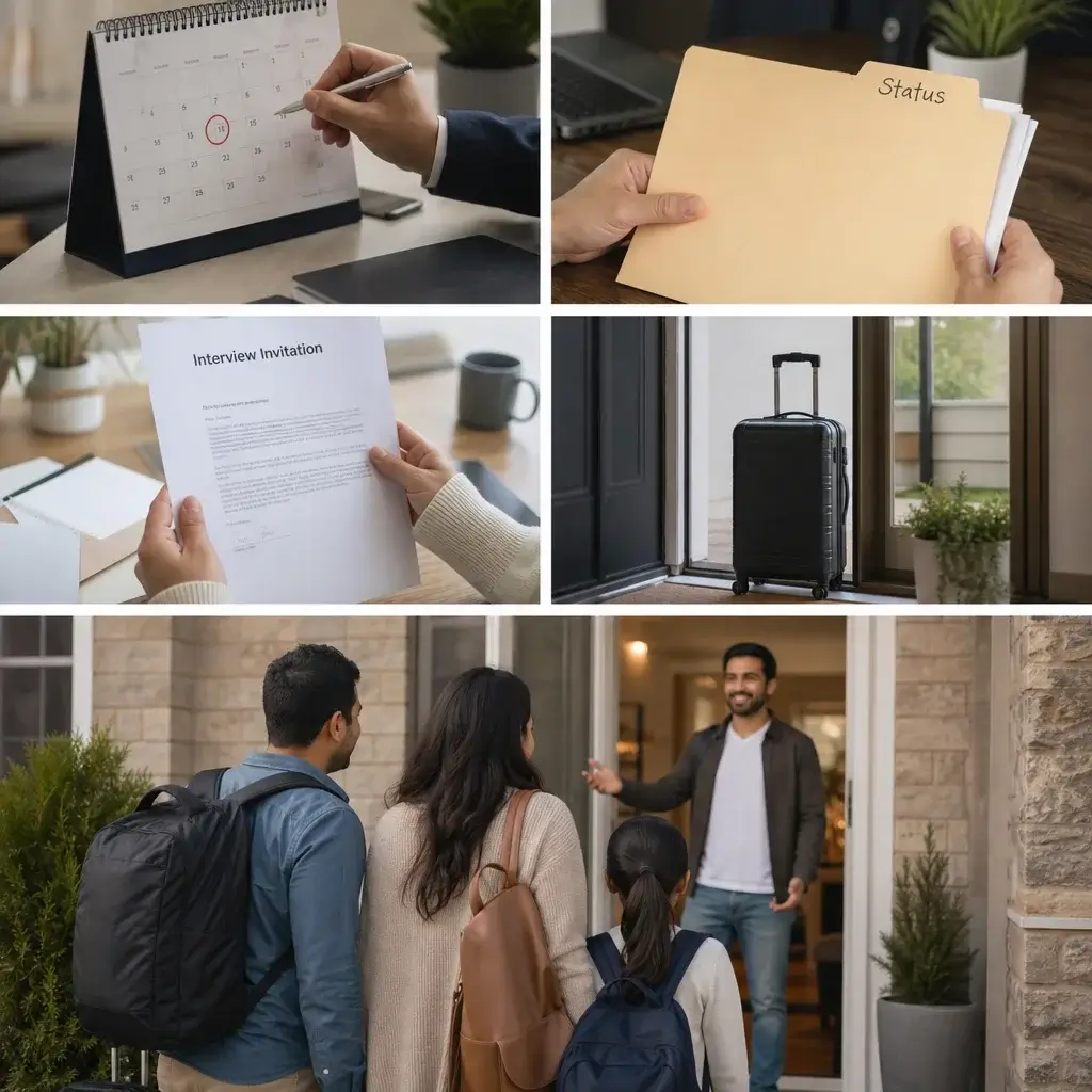 G5 Sponsorship Application Canada: Pause, Eligibility, Costs & Next Steps 4 A sequence showing processing, interview, travel, and arrival steps in a refugee sponsorship case.
