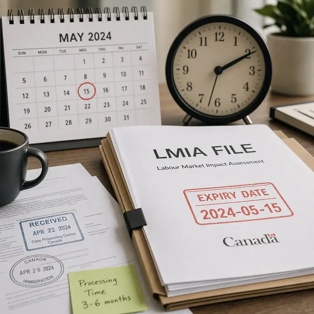 LMIA Work Permit to PR in Canada: Pathways, Timing & Next Steps 6 Calendar, clock, and LMIA paperwork showing validity and expiry risk.