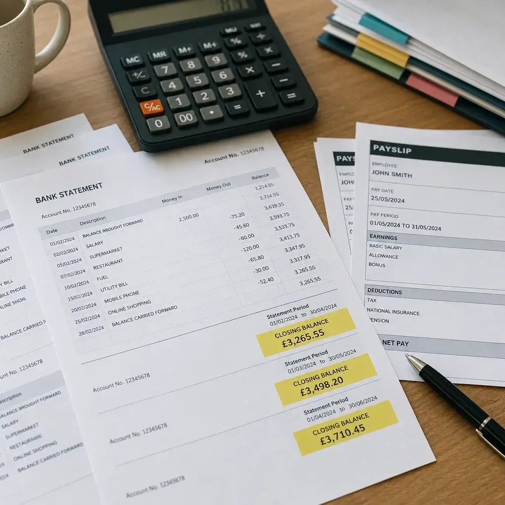 Documents Required for Canadian Visitor Visa: IMM 5484 Checklist Guide 4 Bank statements and pay slips laid out to show proof of funds for a visa application.