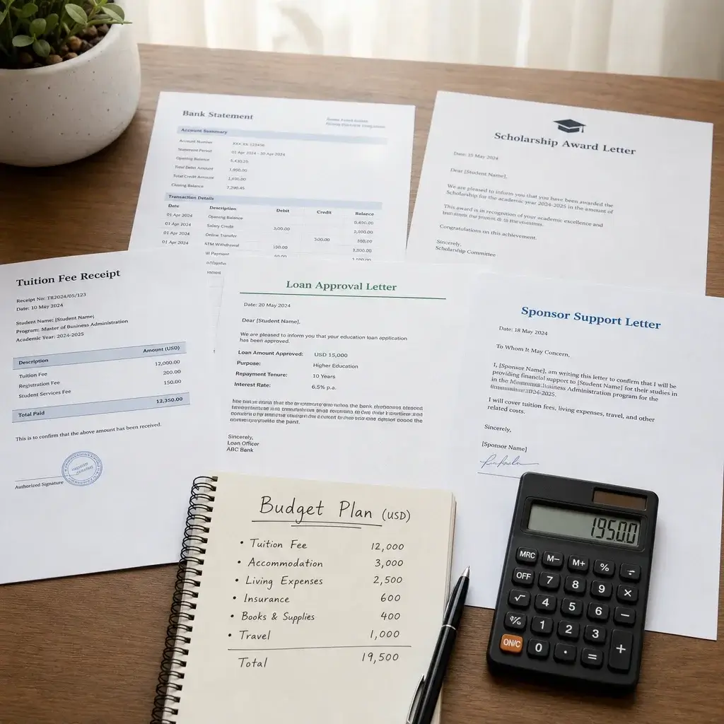 Canada Study Permit Process: Steps, Documents, Timelines & Common Mistakes 4 Financial documents and budget materials used as proof of funds for a study permit.