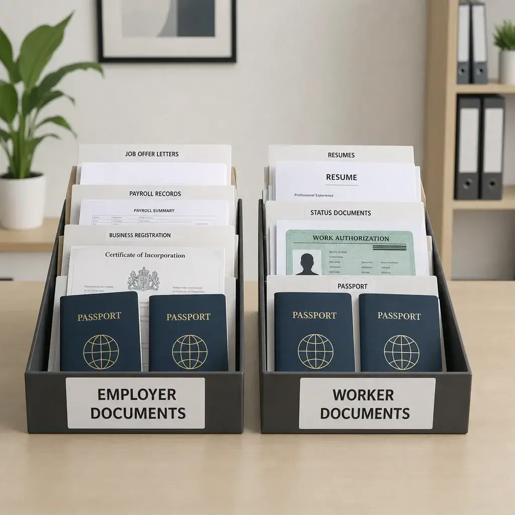 LMIA Work Permit to PR in Canada: Pathways, Timing & Next Steps 8 Side-by-side employer and worker document trays for an LMIA-supported PR file.