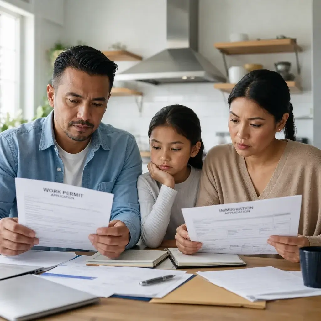 LMIA Closed Work Permit Canada: Requirements, Processing Time & Options 6 A family reviewing paperwork for spouse and child status options tied to a closed work permit holder.