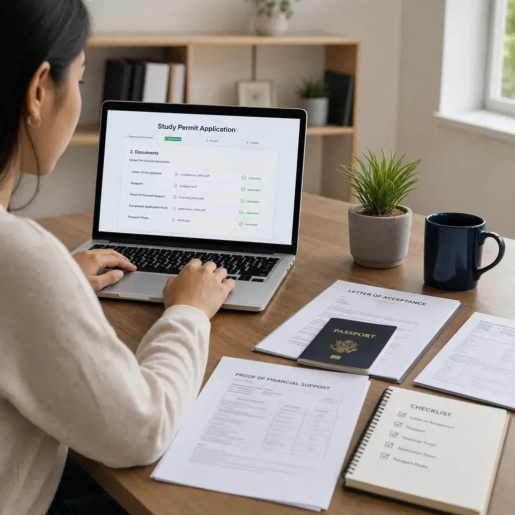 Canada Study Permit Process: Steps, Documents, Timelines & Common Mistakes 2 A person organizing and uploading documents for an online study permit application.