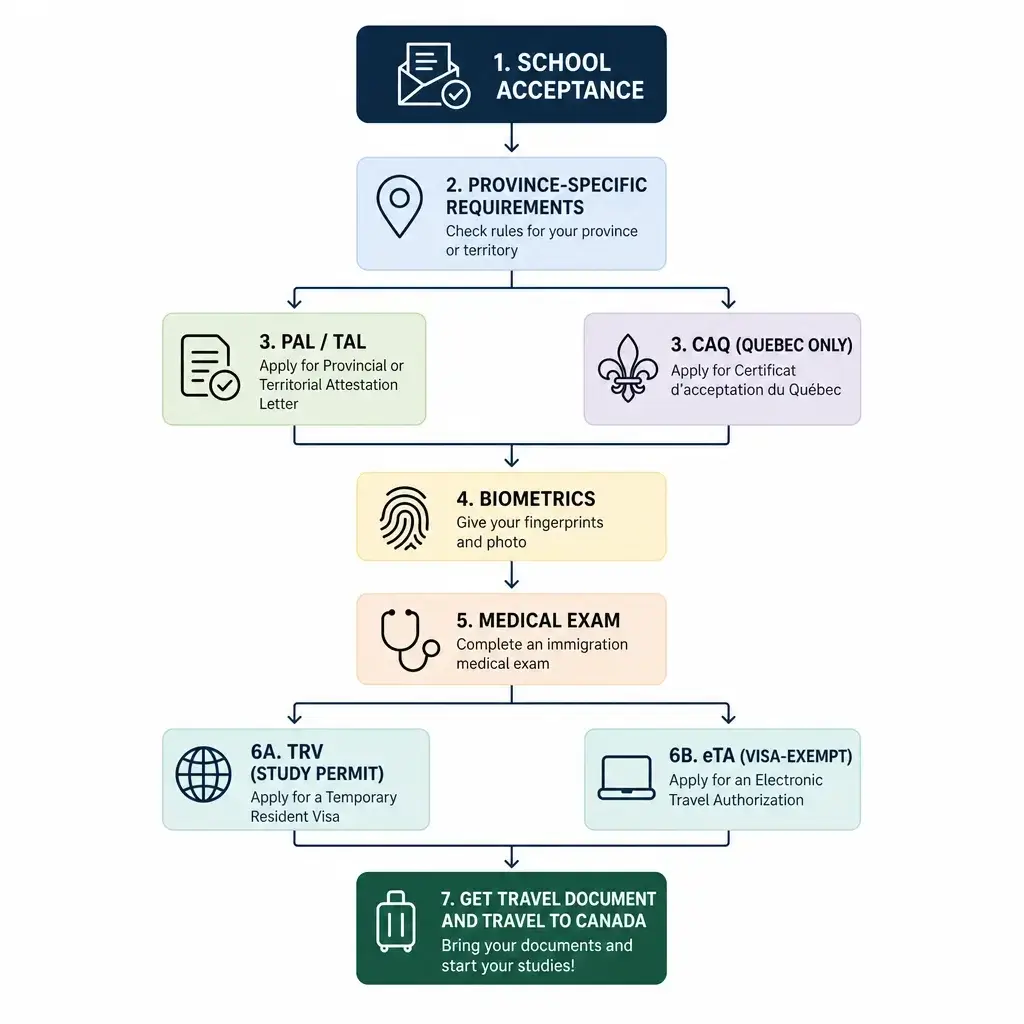 Canada Study Permit Process: Steps, Documents, Timelines & Common Mistakes 1 A decision tree showing the main Canada study permit requirement branches.