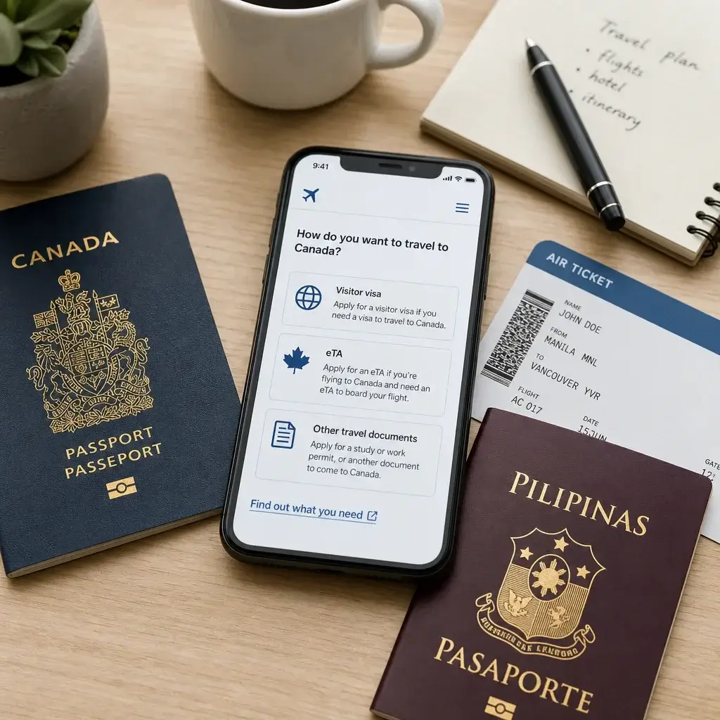 Documents Required for Canadian Visitor Visa: IMM 5484 Checklist Guide 2 Travel documents on a desk illustrating the choice between a visitor visa and an eTA.