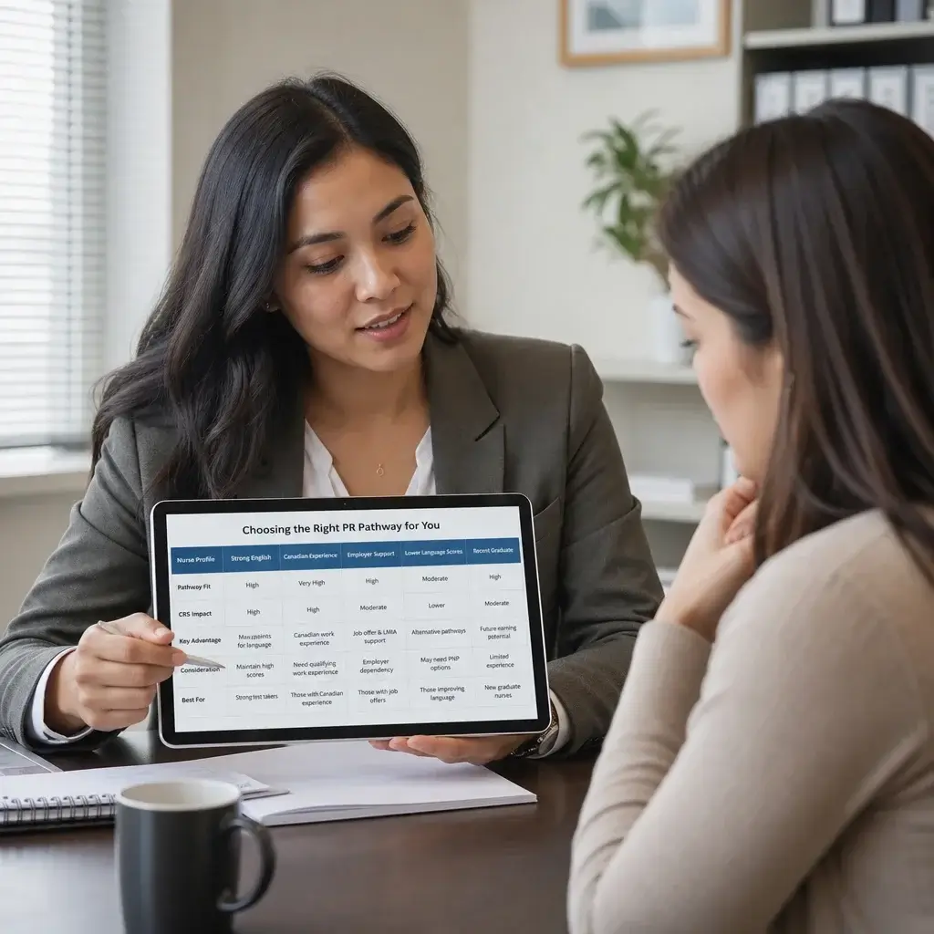 Canadian Immigration for Nurses: PR, Express Entry & Licensing Guide 2 A consultation scene comparing the best immigration pathway for different nurse profiles.