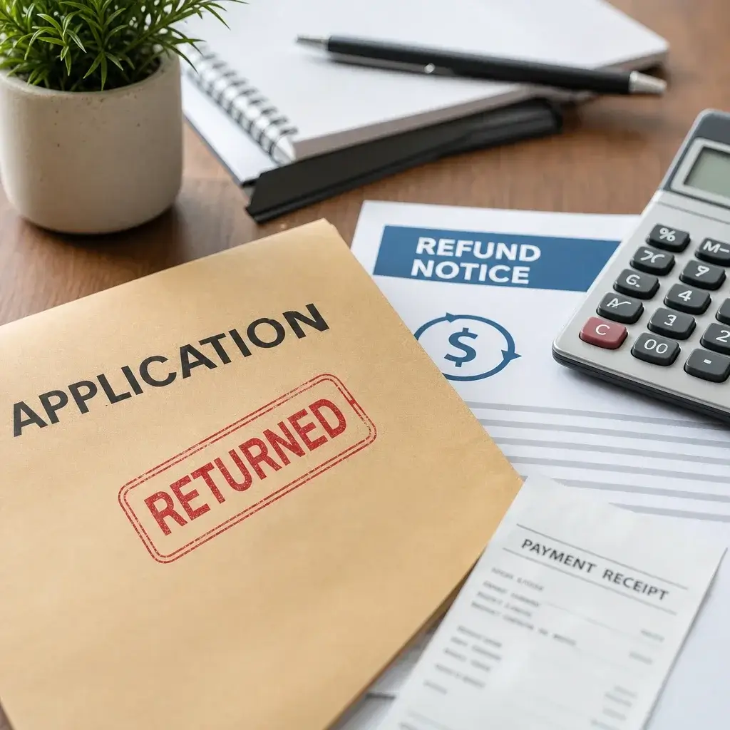 Canadian Citizenship Application Fee Waiver: Is It Available? 4 A refund notice and application papers beside a calculator on a desk.