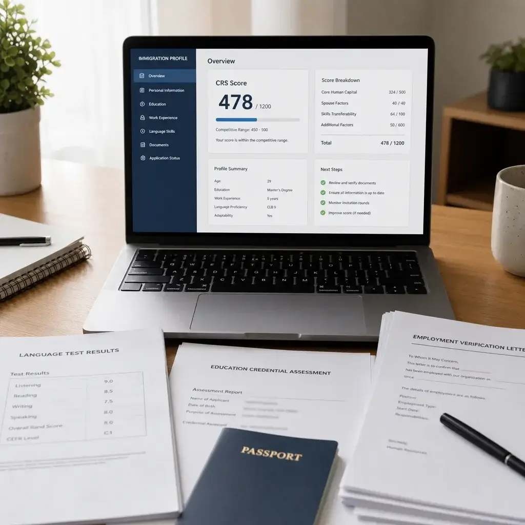 Canadian Immigration for Nurses: PR, Express Entry & Licensing Guide 3 An Express Entry document setup with a CRS score shown on a laptop.