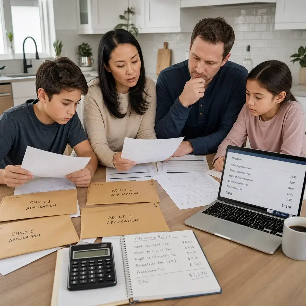 Canadian Citizenship Application Fee Waiver: Is It Available? 2 A family organizing citizenship applications for adults and children at a table.