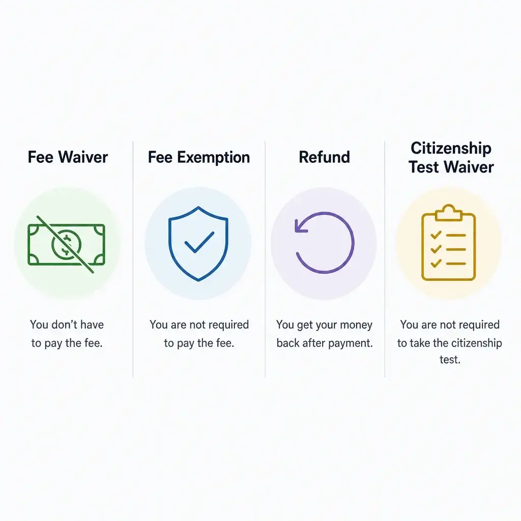 Canadian Citizenship Application Fee Waiver: Is It Available? 1 A comparison diagram showing fee waiver, fee exemption, refund, and citizenship test waiver.