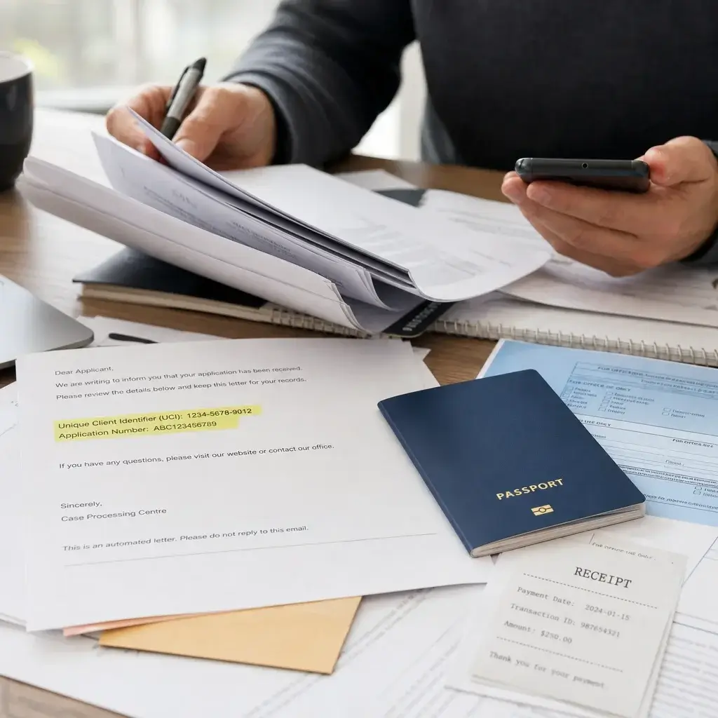 Canadian Immigration Application Status: How to Check, Track & Understand Updates 3 A person searching through documents for a UCI or application number.