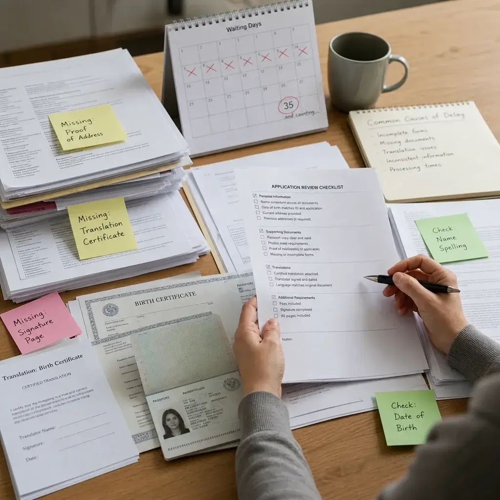 Canadian Immigration Application Status: How to Check, Track & Understand Updates 6 A person reviewing a stack of immigration documents and delay-related notes.