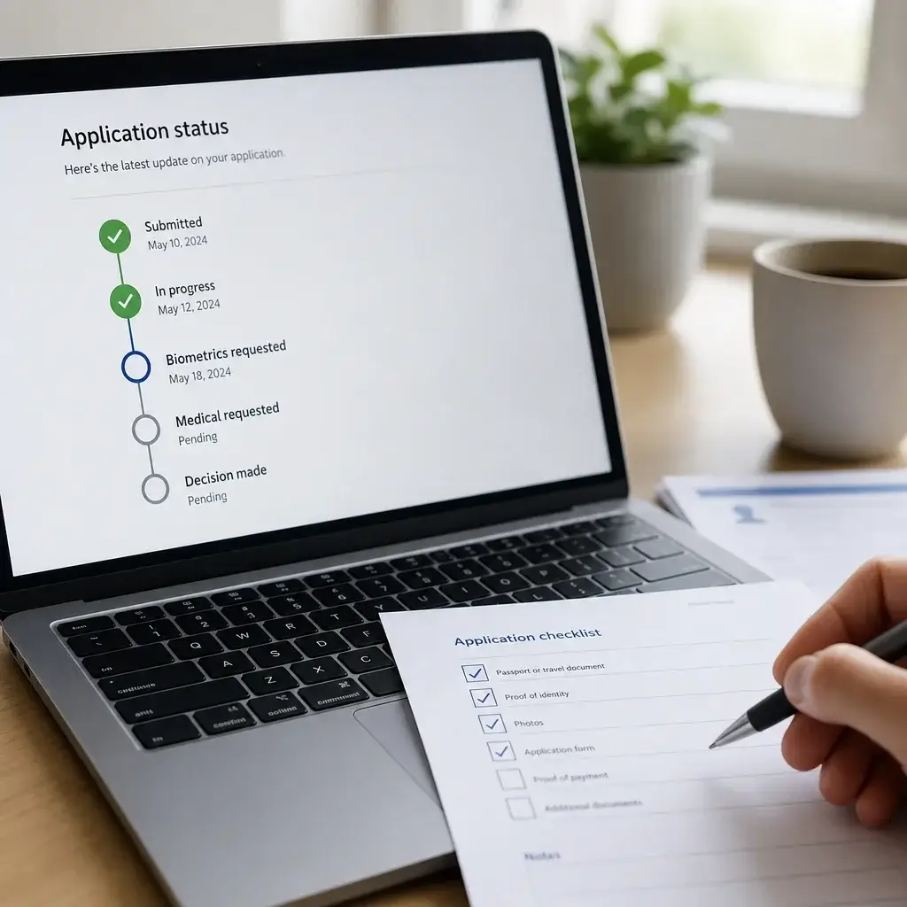 Canadian Immigration Application Status: How to Check, Track & Understand Updates 2 A laptop showing a generic immigration status timeline beside paperwork.