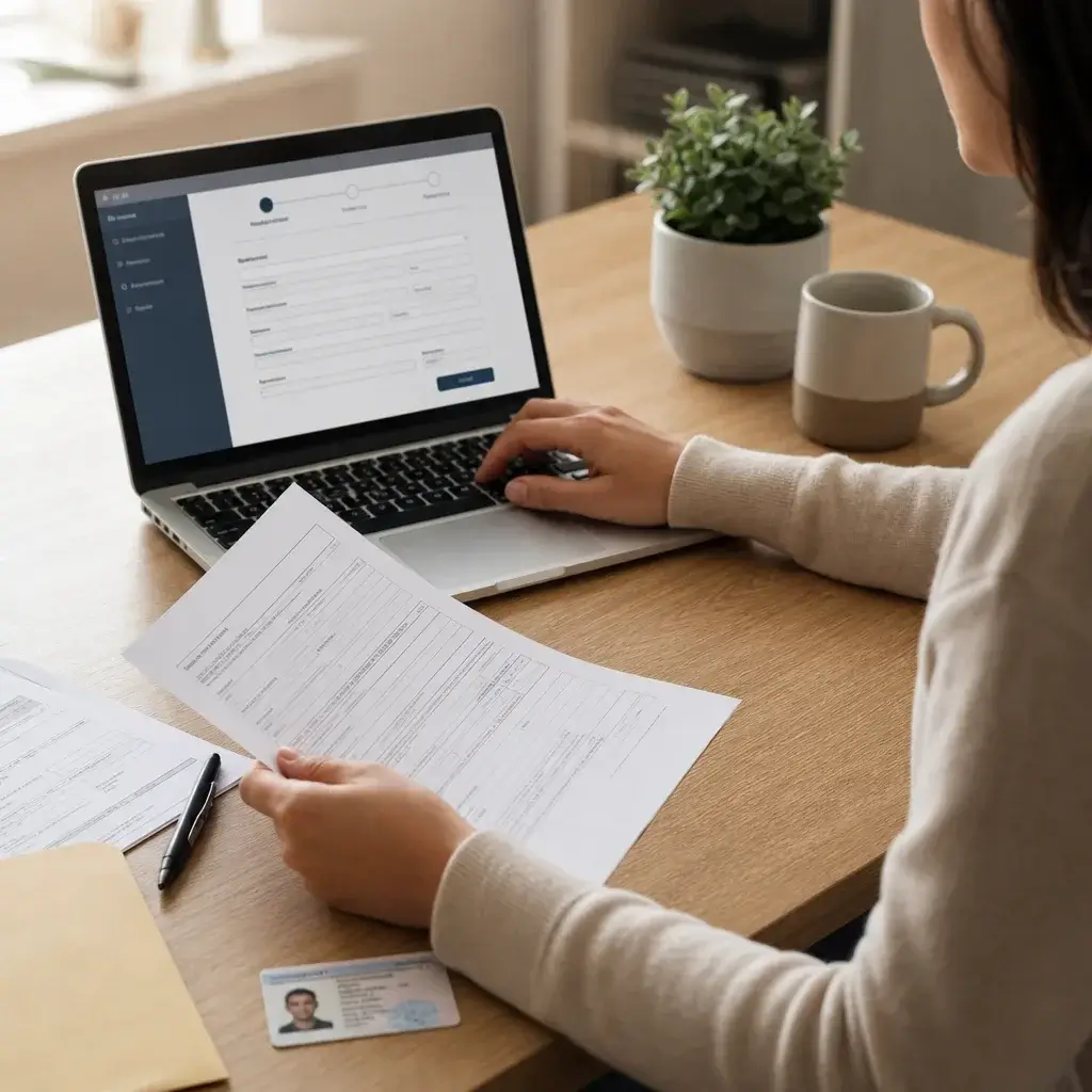 Canadian Immigration Application Status: How to Check, Track & Understand Updates 4 A person matching paper forms to an online immigration account on a laptop.