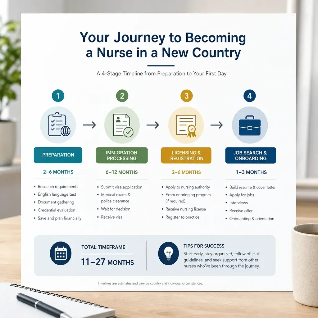 Canadian Immigration for Nurses: PR, Express Entry & Licensing Guide 9 A timeline showing the stages of immigrating and starting work as a nurse.