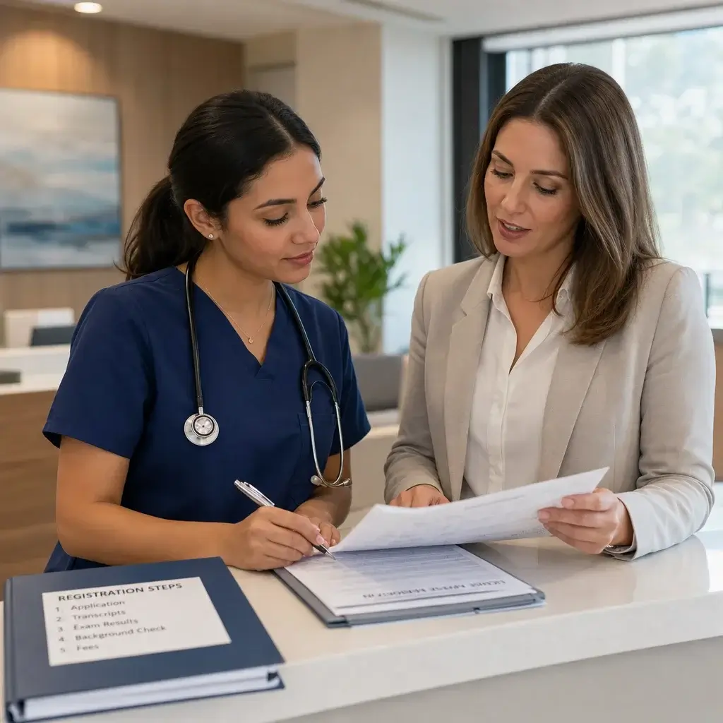 Canadian Immigration for Nurses: PR, Express Entry & Licensing Guide 5 A nurse reviewing licensing and registration paperwork before working.