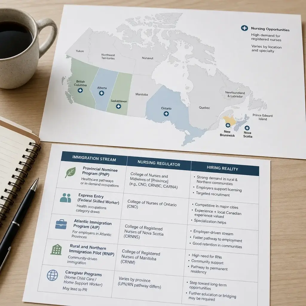 Canadian Immigration for Nurses: PR, Express Entry & Licensing Guide 4 A Canada map and comparison sheet showing how provincial nurse pathways differ.