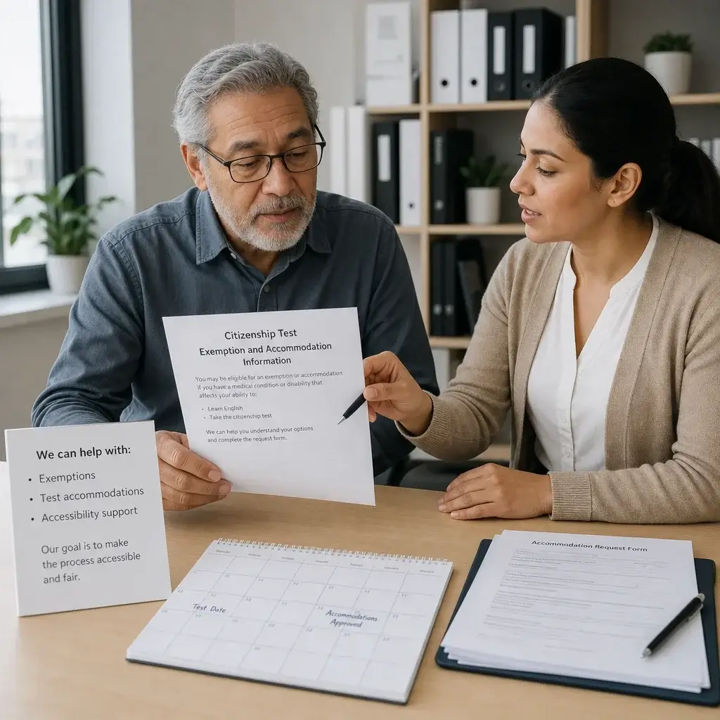 Canadian Citizenship Application Fee Waiver: Is It Available? 3 An older adult reviewing citizenship test accommodation paperwork with a support worker.
