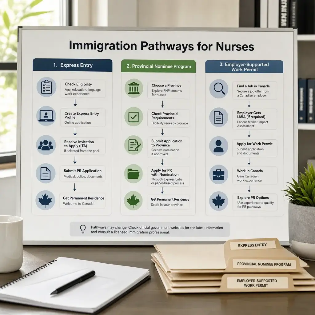 Canadian Immigration for Nurses: PR, Express Entry & Licensing Guide 1 A three-part visual of the main immigration pathways for nurses in Canada.