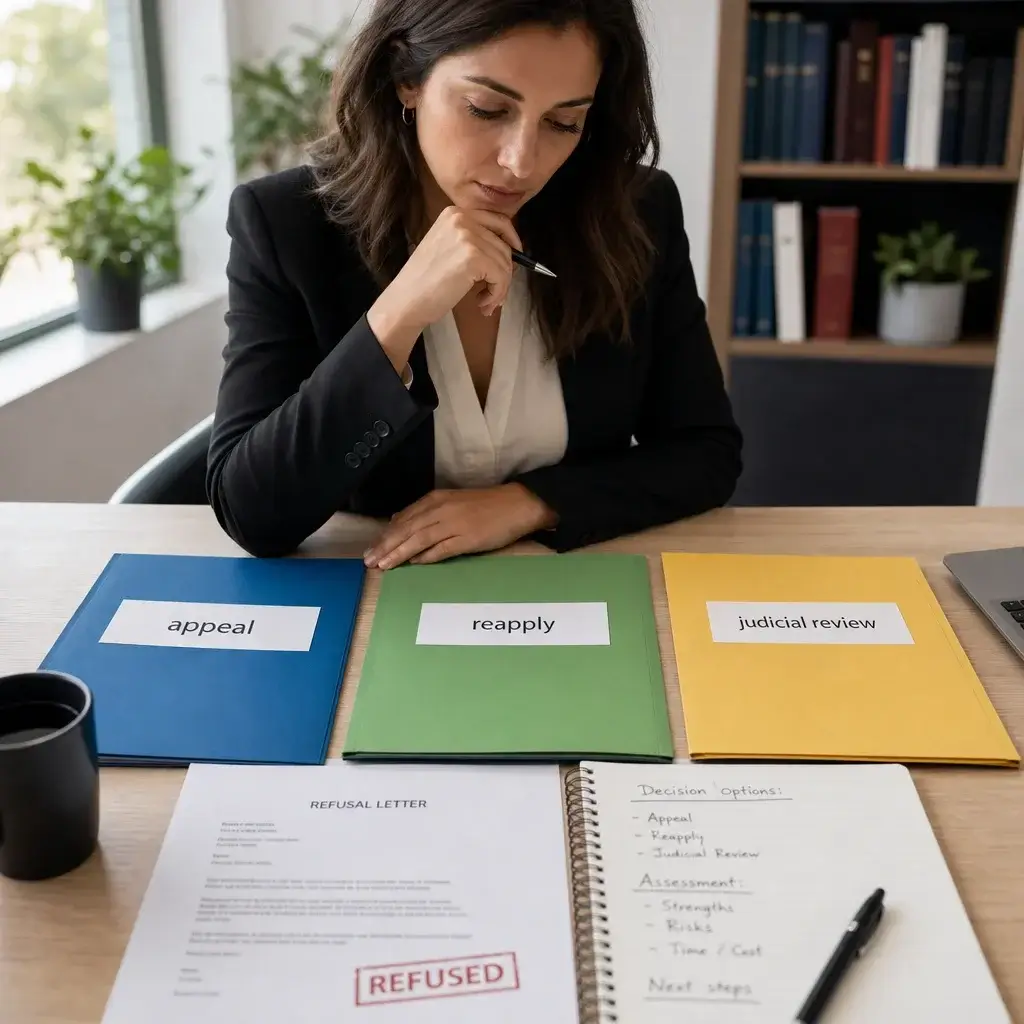 Appeals of Refused Spousal Sponsorship Applications in Canada 4 A professional comparing appeal, reapply, and judicial review options.